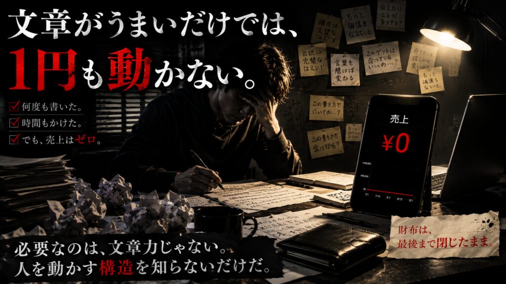 人を動かす文章を書いているが売上ゼロで悩む人のイメージ
