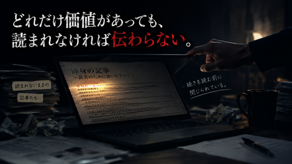 文章が読まれず価値が伝わらない様子を表すイメージ画像