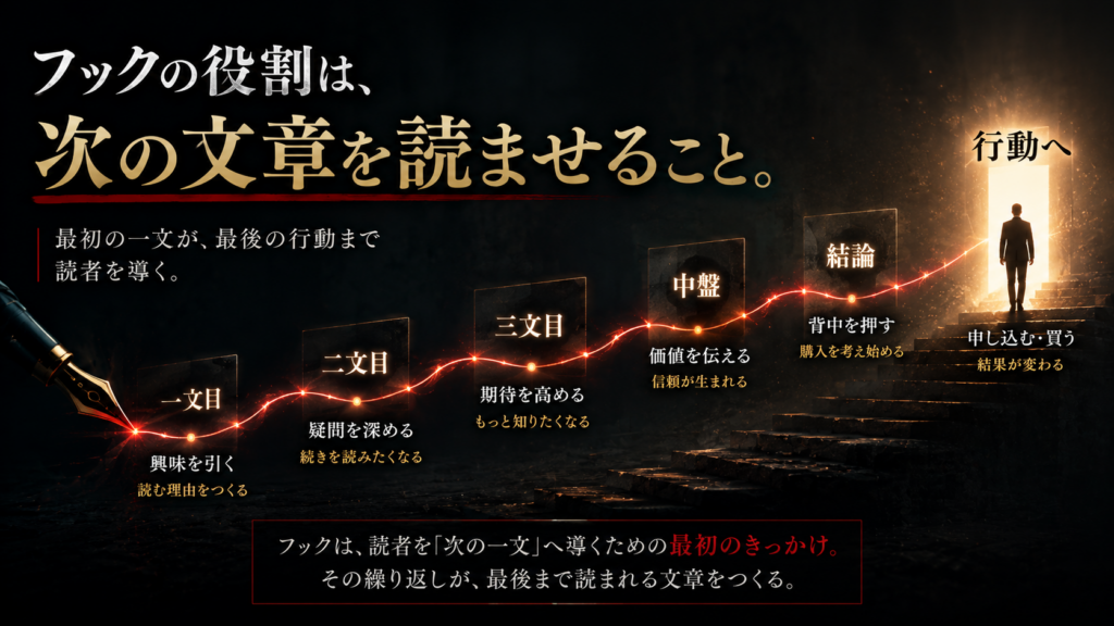 フックが次の文章を読ませる役割を持つことを表すイメージ画像