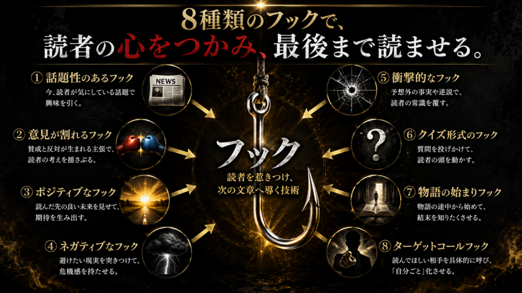フックの8つのパターンを紹介するイメージ画像