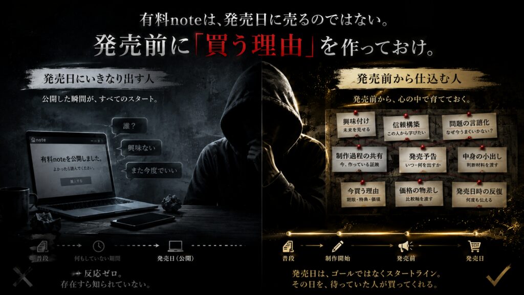 有料noteを初日から売るために発売前に買う理由を作るイメージ