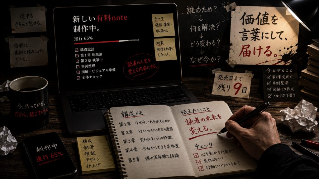 有料noteを初日から売るための裏仕込み4・制作途中を見せるイメージ
